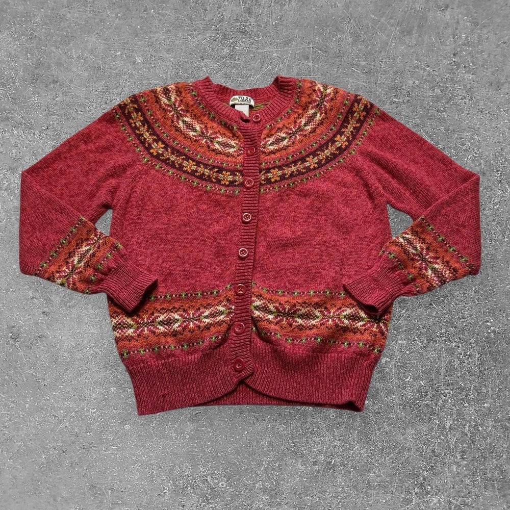 Tiara International Red Fair Isle Cardigan Sweater Women Medium Ramie Cotton